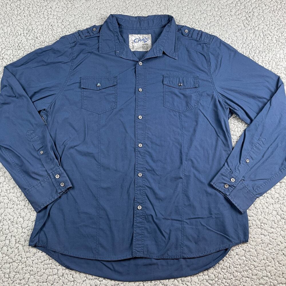 Chalc Shirt Mens XXL Blue Button Up Long Sleeve Flap Pockets Roll-Tab Sleeve
